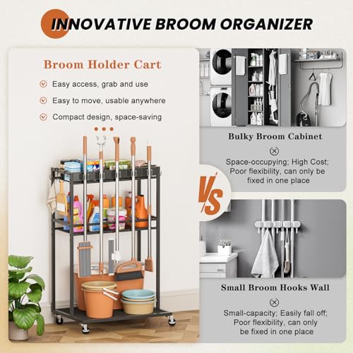 Broom Holder with Cleaning Supplies Organizer, Broom Closet Storage Cabinet with Mop Hanger Gripper Rack Hooks, Cleaning Housekeeping Janitorial Cart with Cleaning Caddy, Laundry Room Organization