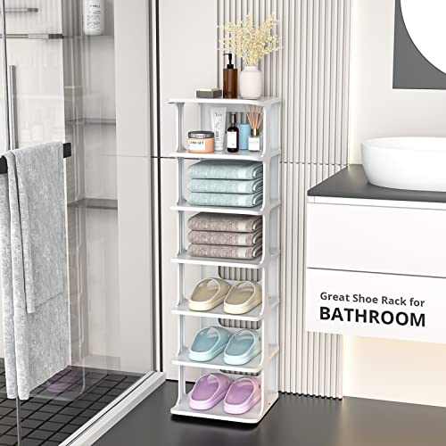 ZOINLIY Stackable Shoe Organizer for Closet, Small Shoe Rack for Entryway, Bedroom, Dorm Rooms, Free Standing Shoe Shelf, Plastic Shoe Cubby for Small Space, Grey Space Saver Shoe Holder - size: 7 Tiers, 2 Columns