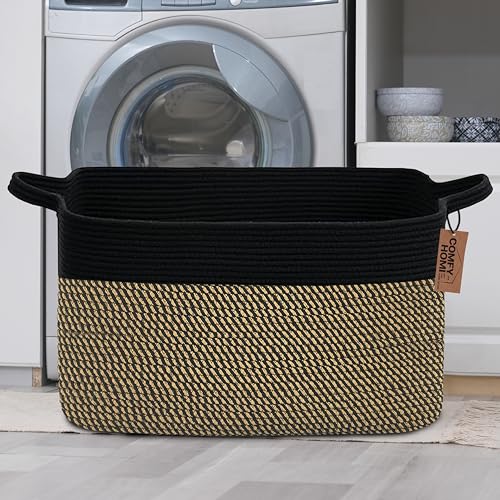 COMFY-HOMI Large Rectangular Blanket , Cotton Rope Woven for Storage, LaundryHamper, Storage ,Toy Organizing Bin with Handle, Organizer and Storage-22x15x12-Black/Jute - color: Black/Jute, size: 22''x15''x12''