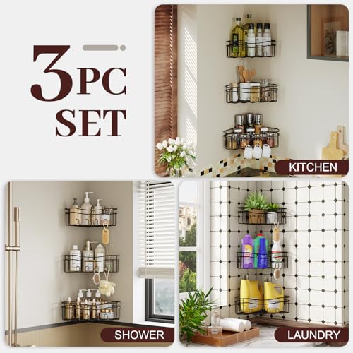Black corner shower caddy with depth caddy and Built in 12 hooks rustproof wall mounted No drilling No marring adhesive bathtub corner storage for bathroom kitchen and laudry room - color: BLACK