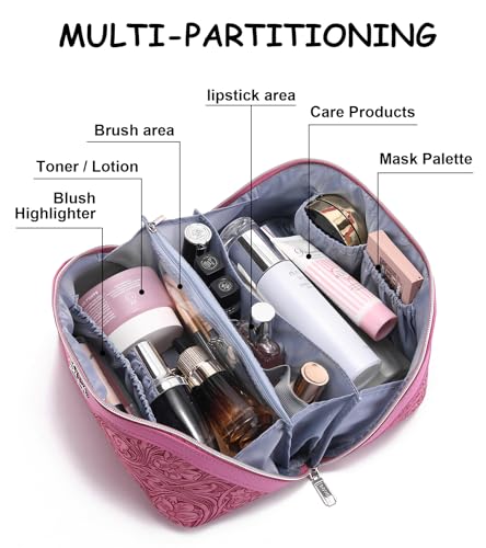 BOYATU Travel Makeup Bags Cosmetic Organizer Bag: 3 Pcs Set Large Capacity Floral Make up Bag with Compartments - Waterproof Leather Toiletry Bags with Handle for Women (20-Red) - color: 20-Red