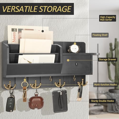 Rebee Vision Key Holder Wall Mount with Mail Sorter - Decorative Mail Organizer for Wall with Key Hooks and Drawer Organizer - Modern Home Essentials for Room Decor (Black) - color: Black