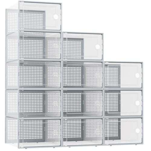 Kuject XX-Large Shoe Storage Boxes Organizers Clear Plastic Stackable 12 Pack, Shoe Rack & Holder Substitute, Sneaker Containers, Shoe Storage Organizer Bins for Closet, Under Bed, Grey(No Fold Line) - color: Grey, size: XX-Large
