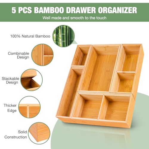Bamboo Drawer Organizer,5 PCS Silverware Organizer & Kitchen Organizers and Storage,Utensil Drawer Organizer With Removable Dividers for Kitchen,Utensils,Bathroom,Office,Makeup(Natural) - color: Natural, size: 5PCS