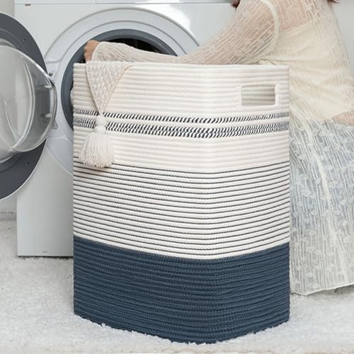 80L Large Cotton Rope Laundry Basket for Bedroom & Laundry Room, Tall Clothes Hamper with Sturdy Handles, Neutral Storage Bin Capable of Holding Blankets and Toys - color: Dark Blue& White, size: 80L