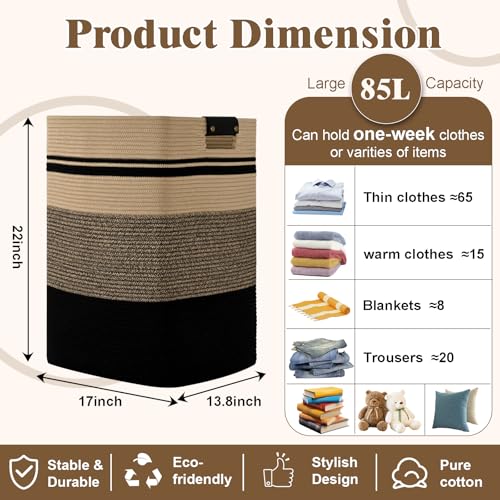 Laundry Hamper, 85L Tall Laundry Basket with Leather Handles, Rectangle Large Clothes Hamper for Organizing, Cotton Woven Laundry Baskets Storage Hampers for Bedroom, Nursery, Living Room - color: Jute& Black, size: 85L