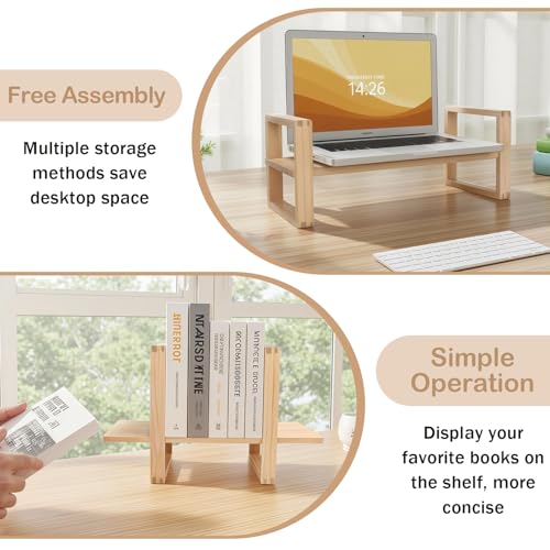 Desk Shelf, 100% Solid Wood Adjustable Desktop Bookshelf, No Tools, Nails or Glue Required for 130lb Load Capacity for Living Room, Office, Books, Cookbooks, Interlocking Joints Nature Pine Color - color: Interlocking Joints Nature Pine Color