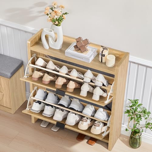 Narrow Shoe Cabinet with 2 Flip Drawers for Entryway,Wood Slim Shoe Rack Cabinet, Freestanding Hidden Shoe Storage Organizer, Space-Saving, Round Fluted Pattern for Hallway, Living Room (Natural) - color: Natural-2 Flip Drawers