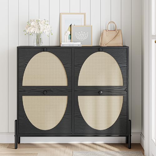 IRONCK Rattan Shoe Cabinet Storage with 4 Flip Drawers, Freestanding Shoe Storage Organizer Cabinet for Entryway, Narrow Shoe Rack Cabinet, Matte Black - color: Matte Black