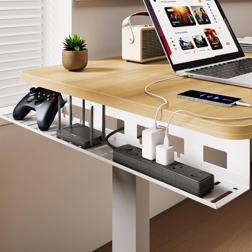 PEGZONE Under Desk Cable Management Tray, 31.5 Inches Metal Cord Organizer Rack, Desk Tray for Power Strip, Cord, Wire, Easy Mounting Cable Management Under Table for Home Office, White - color: White, size: 31.5"