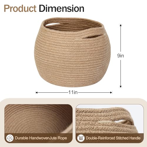 MEGASKET Decorative Wicker Storage Basket, 11" x 9" Indoor Plant Basket for Home Decor, Round Woven Dog Cat Toy Bin with Handle, Bathroom Towel Storage, Jute Planter Holder, Shelf Closet Organizer - color: Jute