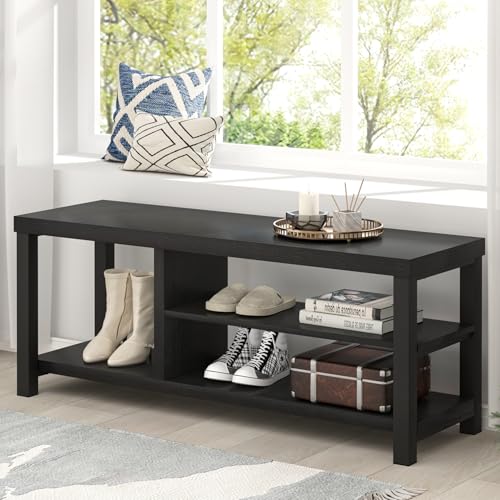 EXCEFUR Shoe Bench, Rustic Wooden Storage Bench for Entryway Hallway, Industrial Indoor Shoe Rack Bench Seat for Living Room Bedroom, 43.3 Inch Black - color: Black, size: 3-Tier