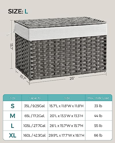 SONGMICS Storage Basket with Lid, Woven Blanket Storage Bin with Handles, Foldable, Removable Liner, Metal Frame, for Bedroom, Laundry Room, 27.7 Gallons (105 L), Gray URST066G01 - color: Gray, size: 105 L