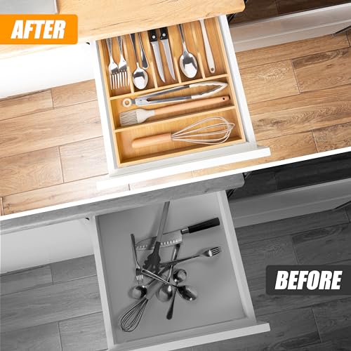 Bellsal Bamboo Silverware Drawer Organizer, Kitchen Utensil Drawer Organizers, 12"x15.7" Utensils Holder Cutlery Tray with Grooved Drawer Dividers for Kitchen Flatware Bedroom Office(7 Slot, Natural) - color: Nature, size: 7 Slots