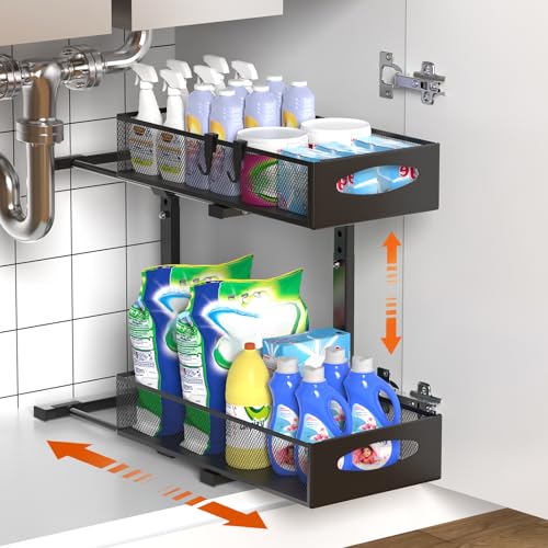 Housolution 1 Pack Under Sink Organizer, 2 Tier Metal Pull Out Under Sink Storage with Sliding Mesh Drawers, Height Adjustable Slide Out Under Sink Organizer for Kitchen Bathroom Cabinet, Black - color: Black, size: 1 Pack, Medium-8.85in Wide