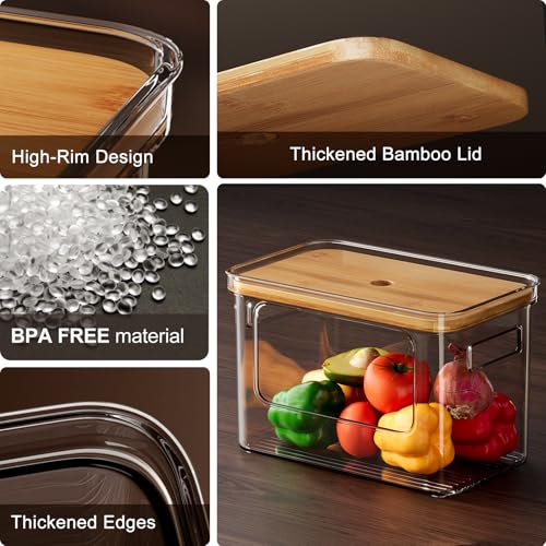 Hudgan Pantry Organizers and Storage with Straight Side, 2 Set Stackable Bin with Open Front for Onion,Potato,Garlic,Fruit, Clear Storage Bin with Bamboo Lid for Kitchen Cabinet, Countertop, Bathroom