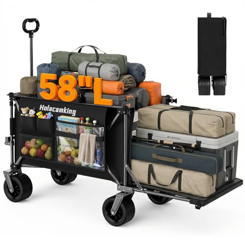 58”L Extender Collapsible Wagon, Extra Long Foldable Wagon Cart with Extended Tailgate, Heavy Duty Rolling Utility Cart with All-Terrain Big Wheels for Shopping Sports Beach, Black - size: 240L