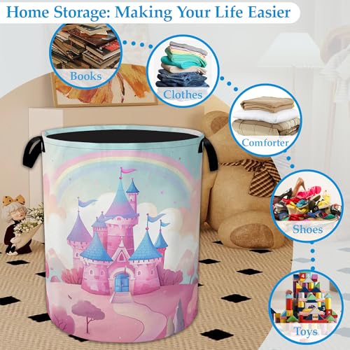 Pink Castle Large Storage Basket Collapsible Laundry Basket Oxford Storage Bin for Toy Bins Gift Baskets Bedroom Clothes Children Nursery Hamper 16" X 20.8" - color: Pink Castle
