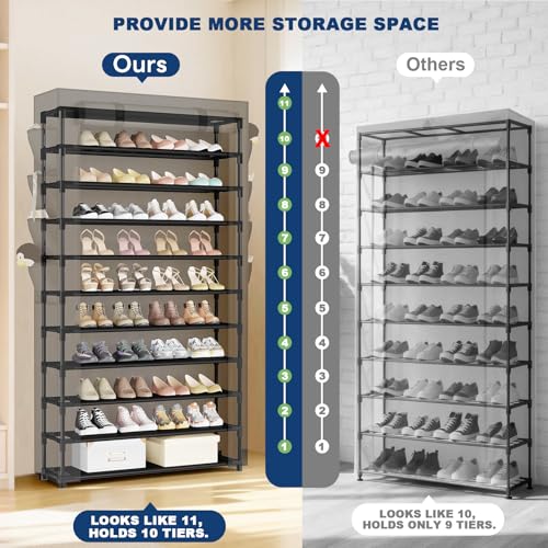 Mavivegue Shoe Rack with Cover, 10+1 Tier Tall Shoe Storage for 50-55 Pairs of Shoes, Shoe Organizer for Entryway, Closet - color: Black, size: 10-Tier-Large