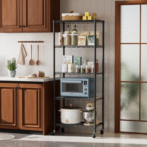 Golpart 5 Tier Shelves Storage Shelf Wire Closet Bathroom Organizers Metal Pantry Kitchen Garage Shelving Unit Laundry Room Organization Home Rack Net Basket Black with Wheels 14”D X 24”W X 61”H - color: Black, size: 5 shelves (14 "D X 24 "W X 61 "H)