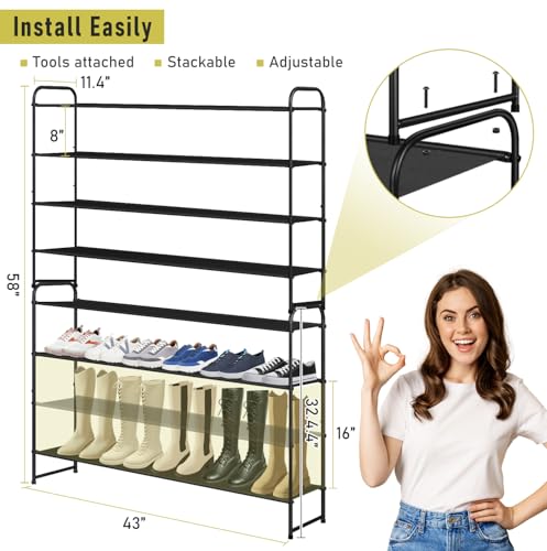 MISSLO 4 Tier Long Shoe Organizer for Closet Shoe Rack for Bedroom Closet Floor Shoe Shelf for Entryway Storage Stackable Wide Shoe Shelf Stores 30 Pairs of Men Sneakers, Black - color: Black, size: 4 Tier