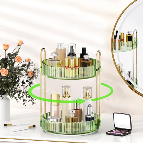 MOKANI 360 Rotating Makeup Organizer for Vanity, 2 Tier Adjustable Perfume Organizer for Dresser, Multi-Function Spinning Cosmetics Skincare Storage for Bedroom, Dresser, Countertop, Green - color: A-Green, size: 2 Tier