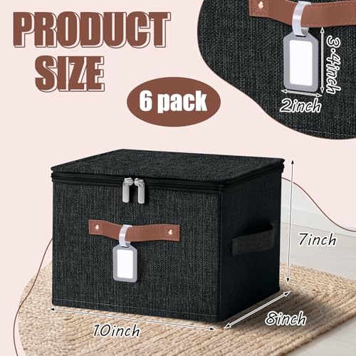 6 Pack Fabric Closet Storage Bins with Zipper Lids and Label, 10×8×7In Large Size Foldable Cotton Linen Storage Cubes Boxes with PU Leather Handles Holders for Bedroom, Shelf, Nursery, Black - color: Black, size: 10×8×7in