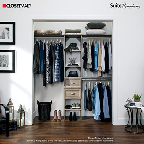 ClosetMaid SuiteSymphony Wood Closet Organizer Kit with Tower, 3 Hang Rods, Top Shelves, 2 Drawers, Adjustable, Fits Spaces 5-9 ft. Wide, Graphite Grey - color: Graphite Grey, style: Closet Organizer w/Shelves, 2-Drawers