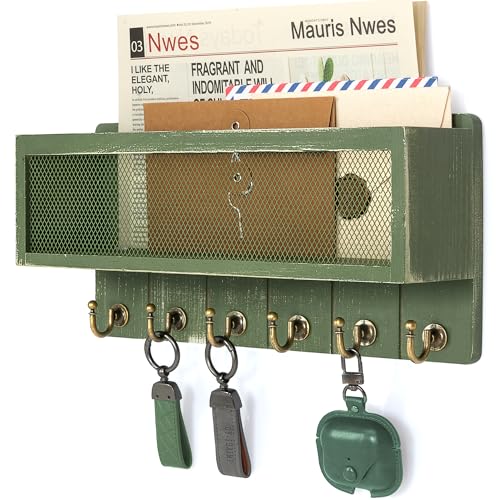 Rebee Vision Pine Wood Mail and Key Holder for Wall Decorative – Key Holder Wall Mount with Hooks and Mail Basket for Home Essentials – Wooden Farmhouse Storage Rack for Apartment (Green) - color: Green