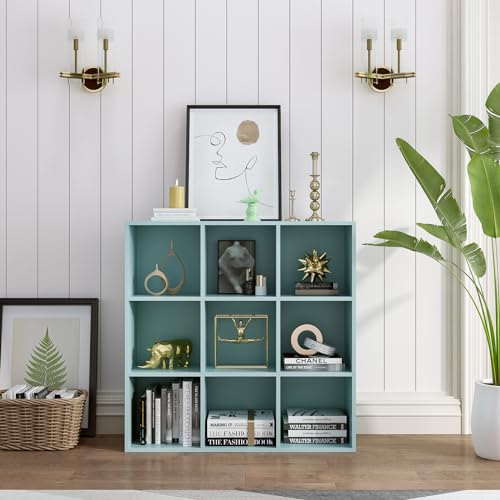 OSCHF 9-Cube Storage Shelf Bookcase - Wooden 3-Tier Floor Standing Open Bookshelf for Home and Office, Display Cabinet, Light Blue - color: Light Blue, size: 9-Cube