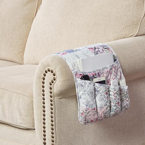 Brilliant Sunshine Rose Toile Couch Sofa Armrest 5 Pockets Organizer, Slip Resistant Recliner Armchair Caddy, Washable Remote Controls Holder, Storage for Magazine, Tablet, iPad, 35×13", Blue Pink - color: Blue Pink