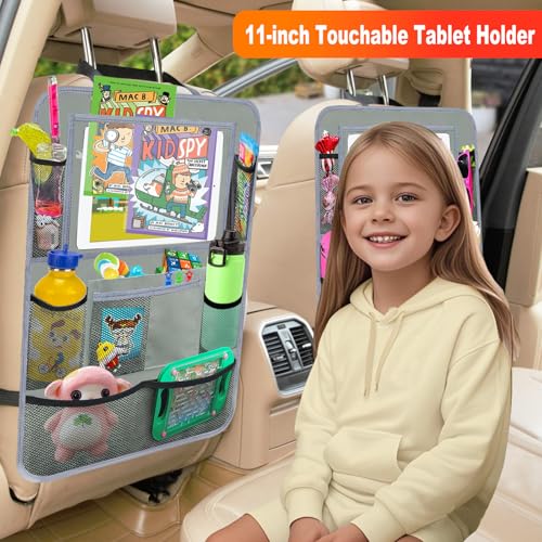 Car Backseat Organizer ，2 Pack Car Organizer Back Seat with 11" Tablet Holder, 10 Storage Pockets Seat Back Protectors Kick Mats for Kids Toddlers, Travel Accessories (Grey) - color: Grey, size: 2 Pack