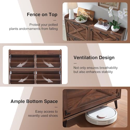 Barnyatoh Shoe Storage Cabinet,Farmhouse Shoe Organizer with 4 Flip Drawers & Barn Door Design,Hidden Slim Narrow Shoe Rack Cabinet for Entryway,Foyer,Hallway,Walnut - color: Walnut, size: 4-Drawers