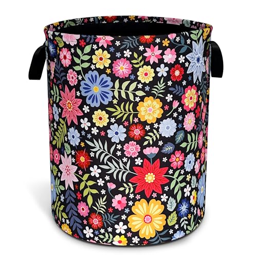 Colorful Folk Flowers Laundry Basket Oxford Cloth Floral Laundry Hamper With Handle Foldable Portable Clothes Storage Basket 18.9 X 16.5 In Storage Bag For Laundry Room/Bathroom/Bedroom/Dormitories - color: Flower
