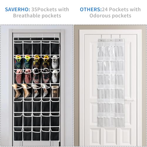 SAVERHO 35 Pockets Over the Door Shoe Organizer, Hanging Shoe Organizer for Door with 35 Mesh Pockets Large Capacity Shoe Hanging Storage Bag with 4 Metal Hooks (Black-1Pack) - color: Black-1pack of 35 pocket