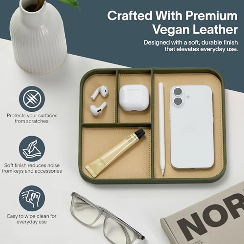 Nordik Leather Valet Tray - Moss Green - 9.5 x 7.9 Inch Medium Vegan Leather Tray - Stylish Nightstand Organizer for Men - Modern Bedside Caddy - EDC Catchall for Key Watch Wallet Jewellery - color: Moss Green, size: 9.5in x 7.9in