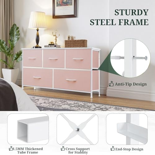 5-Drawer Dresser for Bedroom, Anti-Tip Wide Storage Organizer Fabric Chest of Drawers TV Stand for 45" TV with Wooden Top and Metal Frame for Closet, Living Room, Hallway, Entryway, Pink - color: Pink, size: 11.8"D x 39.4"W x 20.9"H (5 Drawers)