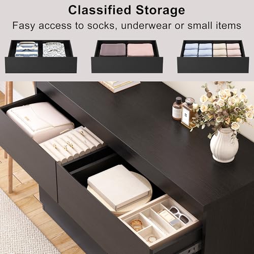 Jocoevol Modern Black 6 Drawer Dresser - Simply Chest of Drawers for Bedroom, Closet, Living Room, Hallway, Entryway, Wood Storage Double Dresser with Smooth Metal Rails - Black - color: Black