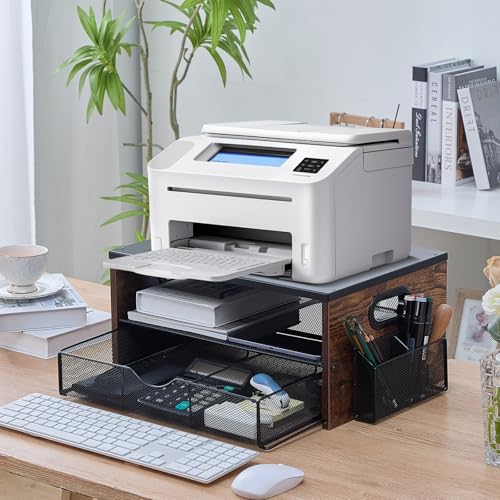 Printer Stand,Desktop Printer Stand with 2-Tier Storage Shelves for Home Office，Desk Organizer with Drawer and 2 Pen Holders for Fax Machine Scanner Files