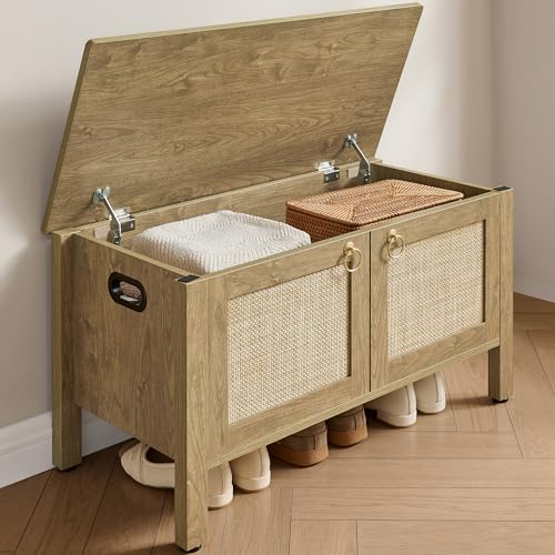 SICOTAS Rattan Shoe Rack Bench with Lift Top Storage: Farmhouse Boho Wide Shoe Cabinet Entryway Bench with Safety Hinges, Wooden Storage Chest for Bedroom, Entryway, Hallway, Living Room - color: Carbon Cherry