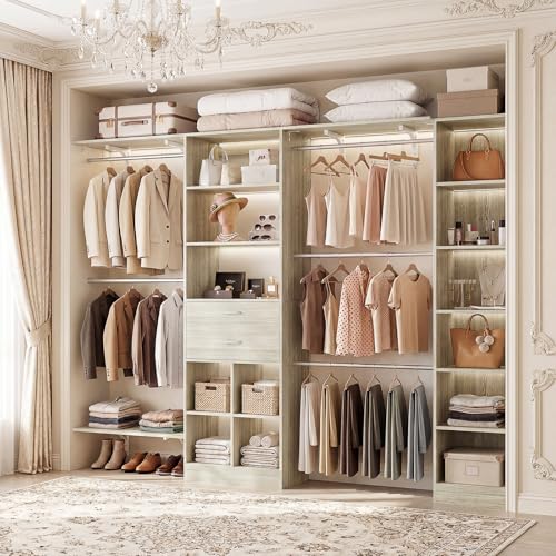 Besiost Closet System - 9.4FT/112" Closet Organizer System with Wooden Drawers,Closet Systems for Walk-In Closets with Hang Rods and Open Cabinet, Greige Oak - color: Greige Oak, size: 9.4FT