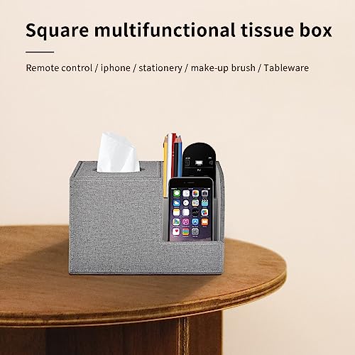 Square Tissue Box Cover Organizer,PU Leather Cube Tissue Box Holder with 2-Compartment Storage Box,Tissue and Remote Control Holder,Decorative Tissue Box Bedroom NightStand Office Tabletop,Grey - color: Grey