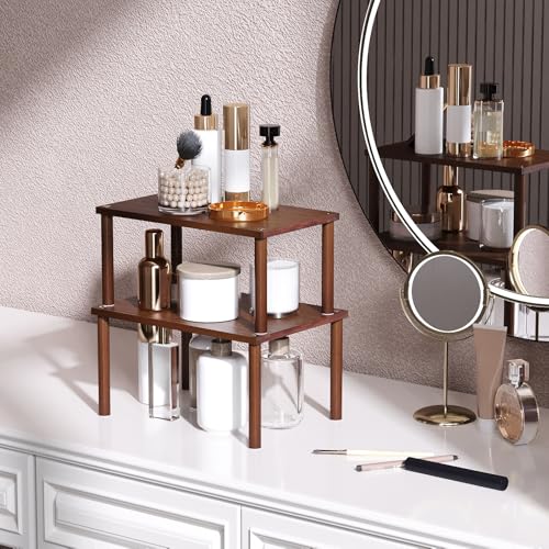 VERTORGAN Cabinet Organizer Shelf(Set of 2),Kitchen Counter Shelves,Bamboo Spice Rack Countertop and Cabinet,Stackable Expandable,Medium(Brown) - color: Brown, size: 11.8"W