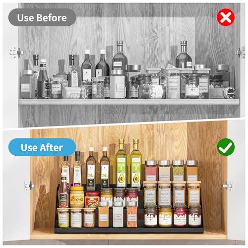 BOIVSHI Spice Organizer, Spice Rack for Expandable 3-Tier, Spice Organization for Cabinet Expandable Width and Adjustable Height, Seasoning Organizer for Cabinet, Countertop, Pantry, Black - color: Black