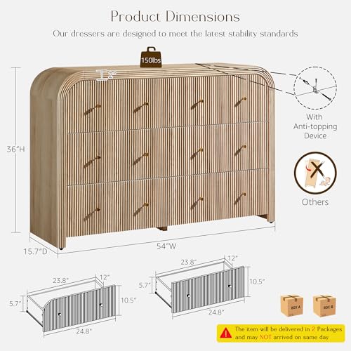 T4TREAM Fluted 6 Drawers Dresser for Bedroom, 54" Wide Modern Chest of Drawers with Thickened Curved Profile Design, Wood Dressers TV Stand for Bedroom, Living Room, Hallway, Natural Oak - color: Natural Oak, size: 15.75"D x 54"W x 36"H(6 Drawers)