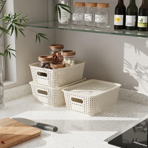 Resze 6 Pack Plastic Storage Baskets with Lids, Breathable Stackable Organizer Bins& Containers for Pantry, Desktops, Cabinet, Closet, Offices Organization Toys, Space Saving, Easy-Carry Handles,White - color: White