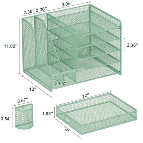 Marbrasse Desk Organizer with File Holder, 5-Tier Paper Letter Tray Organizer with Drawer and 2 Pen Holder, Mesh Desktop Organizer and Storage with Magazine Holder for Office Supplies (Green) - color: Green