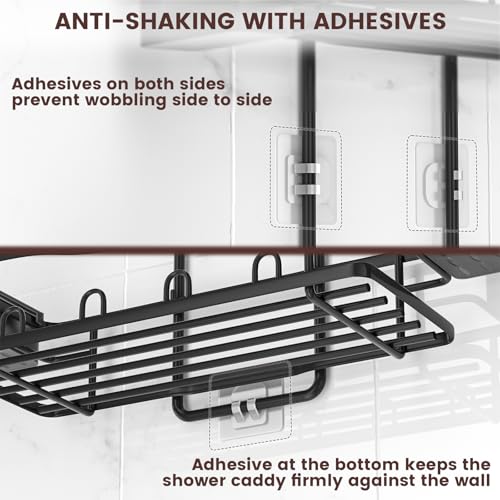 REINHARDT Shower Caddy Hanging, Rustproof Shower Caddy Anti-Swing Shower Organizer Over Showerhead No Drilling Shower Racks with Soap Holder Multi Hooks Bathroom Storage for Shampoo Sponge, Black - color: Black