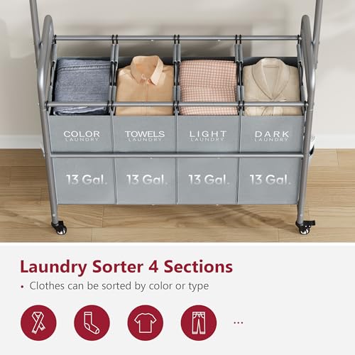 Tajsoon Laundry Sorter with Hanging Bar, 4 Section Rolling Laundry Hamper with Heavy Duty Lockable Wheels, Laundry Sorter Cart for Bathroom & Bedroom, Gray - color: Gray, size: 4 bag