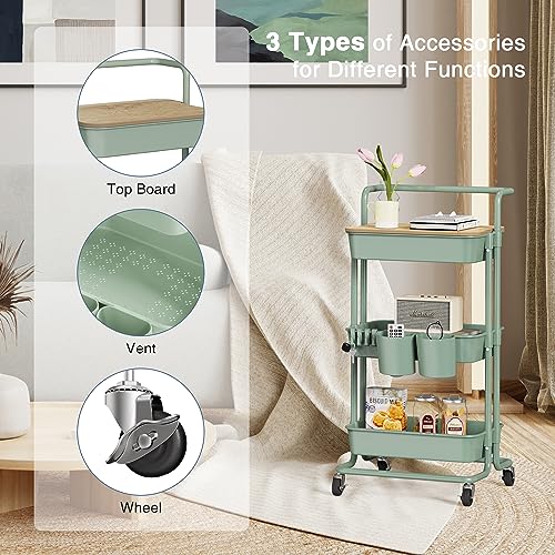 DTK 3 Tier Rolling Utility Cart with Cover Top Board, Movable Kitchen Storage Cart Trolley with Lockable Wheels, Cups, Hooks for Kitchen Bathroom Home Office Art Craft Storage(Turquoise/Green) - color: Green, size: Medium